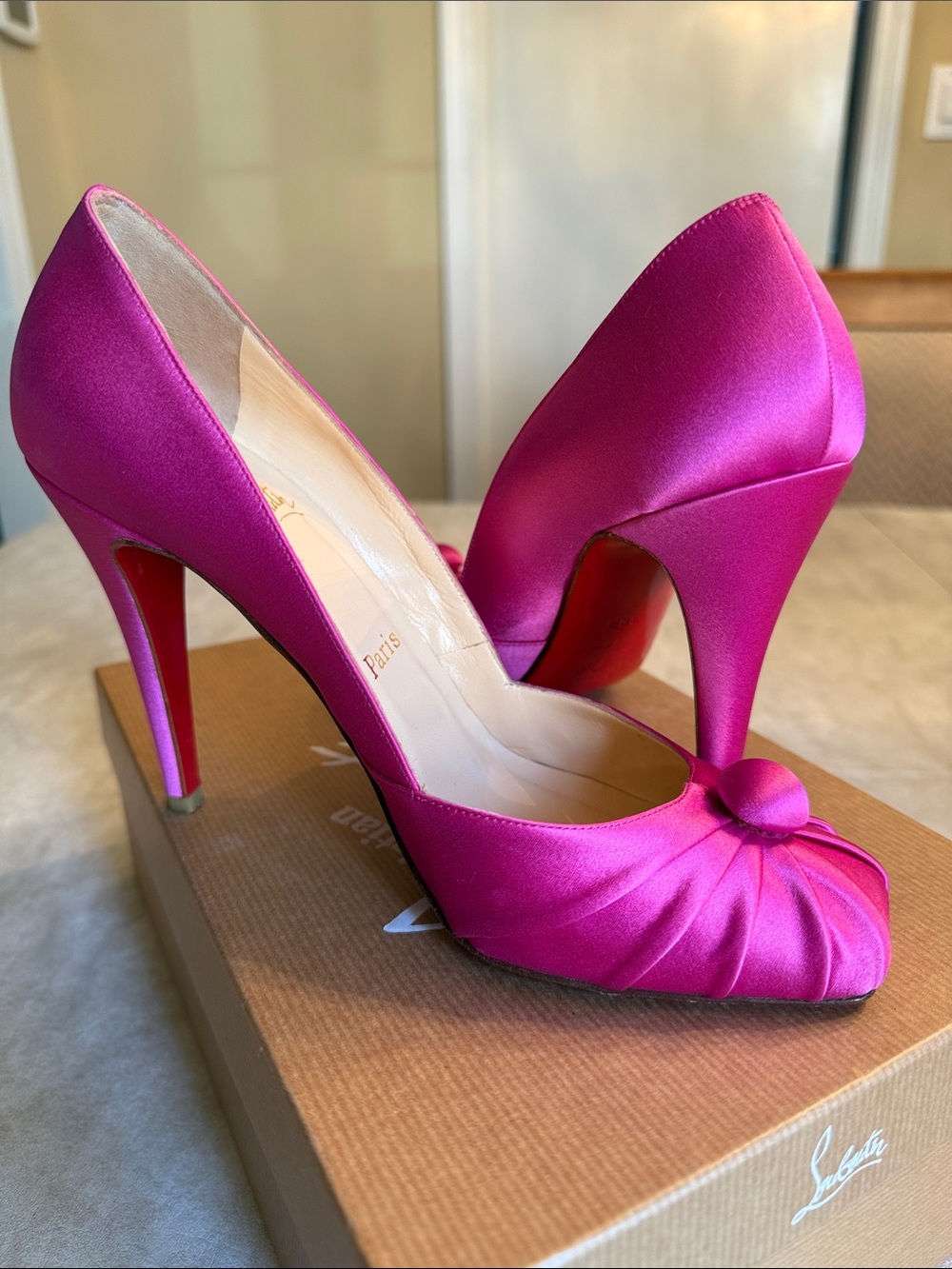 Christian Louboutin Fuchsia Satin Ruched Peep-Toe Pumps - Picture 4 of 8